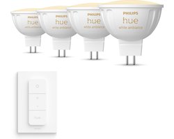 Philips Hue Uitbreidingspakket - GU5.3 - met 4 Spotjes (MR16) - 12V - Warm tot Koelwit Licht - Incl. 1 Hue Dimmer Switch - Hue White Ambiance