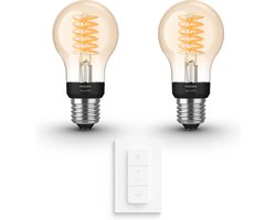 Philips Hue Uitbreidingspakket - E27 - met 2 Filament Standaard Lampen - Warmwit Licht - Incl. 1 Hue Dimmer Switch - Hue White Ambiance Filament