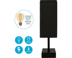 Varin® Tafellamp Zwart met zwart stalen voet - Vierkant - Katoen kap - E27 Smart Led lamp - Tuya Wifi - RGB Witlicht - Industrieel Tafellampen - Bureaulamp - Nachtlamp - Slimme verlichting nachtkastje slaapkamer, woonkamer, keuken, kantoor