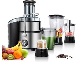 Royalty Line® PJ19003 4 in 1 Juicer - Blender / Hakmolen / Koffiemolen - Sapcentrifuge voor Groenten & Fruit - 1 Liter Sapbeker en 2 Liter Pulpreservoir - Krachtig 1000W Juicer met 3 Snelheden - Zilver