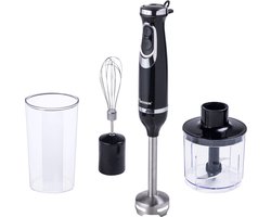 Bestron Staafmixer Set, Staafmixer met Hakmolen, Garde, Maatbeker & Blender, 4-1 Set, 600 Watt, kleur: Zwaart/zilver