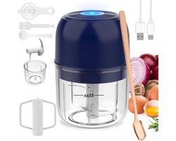 Elektrische mini-knoflookhakselaar - eierklopper - voedselhakmolen - draadloze knoflookpershakselaar - draagbare blender - groente fruit - waterdicht - siliconen oppervlak - 250+250ML (blauw)