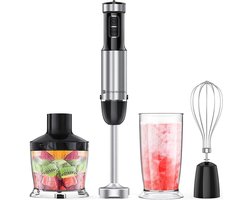 KitchenBrothers Staafmixer Set - Hakmolen - Garde - Maatbeker - 4-in-1 Mixer - 6 Snelheden + Turbo - RVS