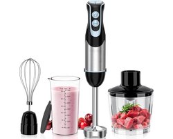 Staafmixer Set – 4-in-1 Staafmixerset Met 12 Snelheden en Turbofunctie – Hakmolen - Inclusief Maatbeker, Hakbeker en Mengopzetstuk – 1000W