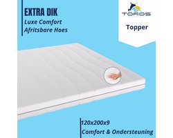 Toros Bedden 120x200 Topmatras - 9cm dik - HR 45 Premium Bamboe Deluxe - Afritsbaar en wasbaar - Topper Matras Topdek - Climate Motion Control