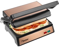 Bestron elektrische tosti apparaat met opvangbak, Contactgrill met Cool-Touch-handgreep & 180° opening, panini grill met antiaanbaklaag, instapmodel, Copper Collection, kleur: koper