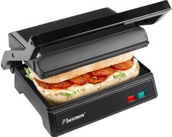 Bestron elektrische tosti apparaat met opvangbak, Contactgrill met Cool-Touch-handgreep & 180° opening, panini grill met antiaanbaklaag, instapmodel,Black Label Collection, kleur: Zwartmat