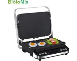 Biolomix 2000W Elektrische Contact Grill/Tosti apparaat- RVS - Digitale Bakplaat - Panini Pers - Optioneel Wafelijzer Platen - opent 180 Graden - Barbecue