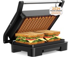 Contactgrill, steak en als paninigrill, elektrische grill/sandwichtoaster, broodmachine, roestvrij stalen tafelgrill met grill, broodbakvorm, anti-aanbaklaag (grijs)