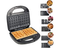 Tosti-ijzer 7-in-1, elektrische paninimaker, sandwichmachine, 750 W, anti-aanbaklaag en afneembare platen, Wafelijzer, broodrooster, LED-display, automatische thermostaat