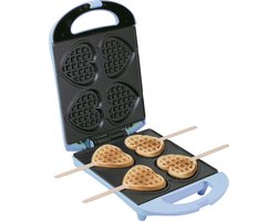 Bestron Wafelijzer voor hartvormige Wafels, Wafelijzer hartvorm op een stokje, Wafelmaker met antiaanbaklaag & indicatielampje, incl. 20 houten stokjes, kleur: Blauw