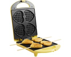 Bestron Wafelijzer voor hartvormige Wafels, Wafelijzer hartvorm op een stokje, Wafelmaker met antiaanbaklaag & indicatielampje, incl. 20 houten stokjes, kleur: Geel