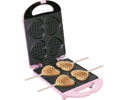 Bestron Wafelijzer voor hartvormige Wafels, Wafelijzer hartvorm op een stokje, Wafelmaker met antiaanbaklaag & indicatielampje, incl. 20 houten stokjes, kleur: Roze