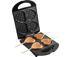 Bestron Wafelijzer voor hartvormige Wafels, Wafelijzer hartvorm op een stokje, Wafelmaker met antiaanbaklaag & indicatielampje, incl. 20 houten stokjes, kleur: Zwart