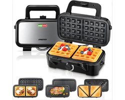 Tosti Apparaat - Sandwichtoaster - Gemakkelijk te Reinigen - Compact & Draagbaar - 3 in 1 - 1200W - Zilver