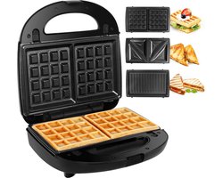 Wafelijzer met Verwisselbare Platen - Tosti Apparaat Anti Aanbak - Panini Grill - 3 Verschillende Platen - Zwart - 750W