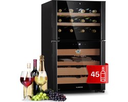 Klarstein El Dorado 108 Humidor & Wijnkoelkast - Volume: 108 Liter - Temperatuur: 5-10 / 10-18 °C - 2 Koelzones - Glazen Deur - Touch Bediening - Vrijstaand - 3 Wijnrekken & 4 Schuiflades Van Cederhout - Hygrometer - Interne LED Verlichting - Zwart