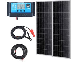 200W zonnepaneel set van 2 12V monokristallijne zonnemodule plus laadregelaar 16,66A zonnestelsel conversiepercentage van 23% Compatibel met AGM, GEL, FLD, LI accu's Ideaal voor campers, jachten, accessoires