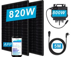 Balkonkrachtcentrale 820W/800W, Zonnepanelen Compleet Pakket, 2x410W Haitai zwarte zonnepanelen, 1x Growatt omvormer met app & WiFi + Zonnepanelen met Stekker+Full Black - Garantie - Plug & Play