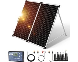 Hoge Kwaliteit Dubbele Zonnepanelen Compleet Pakket met Stekker en Accu - Zonnepanelen Plat Dak - Voor Thuis Camper en Camping - Zonnepaneel Opvouwbaar - Power Pack Bundel - 100W - Zwart