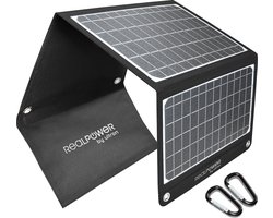 RealPower SP-22E Mobiel 22,5W Solar panel met 2 x USB-A en 1 x USB-C - Opvouwbaar compact zonnepaneel voor mobiel gebruik - IPX5 weersbestendig - zwart