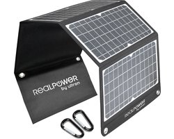 RealPower SP-30E Mobiel 30W Solar panel met 1 x USB-A, 1 x USB-A QuickCharge en 1 x USB-C PD - Opvouwbaar compact zonnepaneel voor mobiel gebruik - IPX5 weersbestendig - zwart