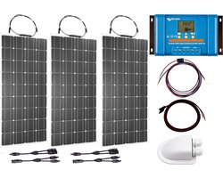 Set Flexibel Zonnepaneel 300Wp 12V Caravan, Camper, Boot, Tent of Tuinhuisje - Victron Energy BlueSolar PWM 30A LCD&USB laadregelaar - Zonnepaneel Compleet Pakket - Dakdoorvoer - Plug-Play set schematische tekening en handleiding-Monokristallijn