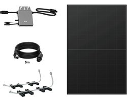 TORNASOL® Zelf te installeren zonnepaneelkit 400W, x1 stijf zonnepaneel, bifaciaal, volledig zwart, 420W-DC1500V, 20° helling, IP68 bescherming, schuko-aansluiting, MC4-kabel, aanbevolen voor platte daken.