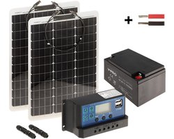 WL4 SOLAR-KIT-260B50-20F complete zonne-energie kit met 12V 26Ah accu, snoer, 2x 50W flexibel zonnepaneel en controller - zonnepanelen pakket solar energy voor caravan camper boot vakantiehuisje tuinhuisje backup voeding set