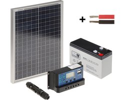 WL4 SOLAR-KIT-72B30-20 complete zonne-energie kit met 12V 7.2Ah accu, snoer, 30W zonnepaneel en controller - zonnepanelen pakket solar energy voor caravan camper boot vakantiehuisje tuinhuisje backup voeding set