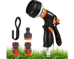 Tuinhanddouche, irrigatiesproeier met 8 sproeiafbeeldingen, metalen tuinsproeier, hogedruk handsproeier, spuitpistool voor tuinslang, autowassen, huisdier baden cadeau: 3 adapters, 1 slanghouder