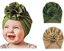 2 Stuks - Babymutsjes met Bloem (3-15 mnd) - Groen en Taupe