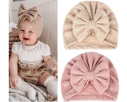 2 Stuks - Meisjes Babymutsjes Tulband - Grote Strik - Roze Beige - 2-9 mnd