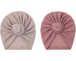 2 Stuks - Meisjes Babymutsjes Tulband Krul - Roze Taupe - 3-12 mnd