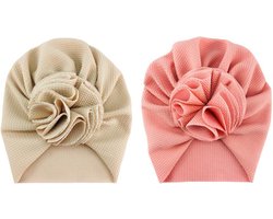 2 Stuks - Tulband Babymutsjes met Bloem (3-15 mnd) - Roze en Crème