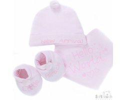 3-delig Babysetje - Geschenkset - Muts - Slofjes - Slab - Roze - Maat 0-3 mnd