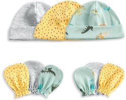 3-pack | Set Newborn babymutsjes + pasgebore baby krabwantjes | Dinosaurus