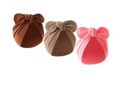 3 Stuks - Newborn Babymutsjes met Strik - 0-3 maanden - Bruin Beige Roze