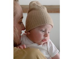 Baby Beanie 0-6M Beige Zacht Ademend Katoen Seersucker