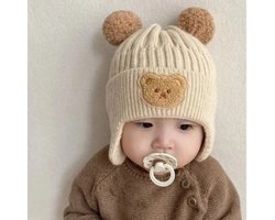 Baby Muts Beige - Met Teddybeer - Wintermuts - Met Pompoms - Babymutsje - Baby Muts Winter - Jongen - Meisje - Baby Muts Gebreid - Cadeau - Kraam Cadeau - Warme Baby Muts - Teddybeer Muts - Muts met Pompoms