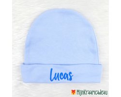 Babymuts met naam geborduurd – Blauw - 100% Katoen - Gepersonaliseerd kraamcadeau voor jongen of meisje