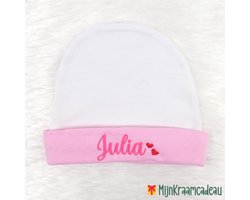 Babymuts met naam geborduurd – Wit/Roze - 100% Katoen - Gepersonaliseerd kraamcadeau voor jongen of meisje