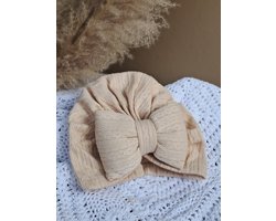 Babymuts - Mutsje - Beige - Muts met strik - Baby - Baby accessoires - Baby haar accessoires - Newborn