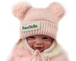 BamBella® Muts met wanten winter voor kind meisje 0 tot 1 jaar met pom pom warme borg fleece binnenkant en handschoenen