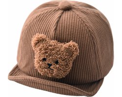 Corduroy Cap met Beertje - Bruin - 46/50cm - 6 t/m 36 maanden - Baby - Peuter - Beren Pet - Ribstof - Honkbal Petje