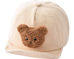 Corduroy Cap met Beertje - Creme - 46/50cm - 6 t/m 36 maanden - Baby - Peuter - Beren Pet - Ribstof - Honkbal Petje