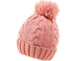 Fiepp gebreide wintermuts oudroze baby met kabels en pompom - gebreide muts baby met pompoen - wintermuts peuter oudroze gebreid - gebreide muts met kabels en pompom peuter - gebreide muts oudroze