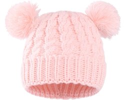 Fiepp wintermuts baby met pompoen roze - gebreide muts met pompom baby - wintermuts baby roze - gebreide muts met pompom peuter - wintermuts peuter roze