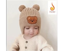 Fiory Wintermuts Baby Bruin| Wintermuts voor baby| Muts met afdruk beer| Gebreide Koreaanse versie| pompoms| oren bedekt| bruin