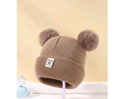 Gebreide baby wintermuts met pompon oren | baby | 12-18 maanden | 100% acryl | bruin